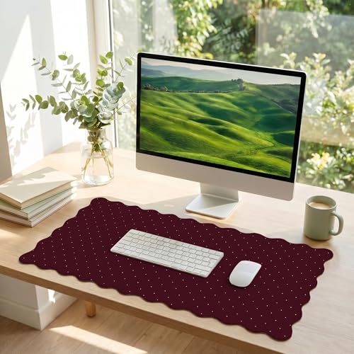 Cute Burgundy Maroon Scalloped Desk Mat with Polka Dot Large Mouse Pad Computer Mat Aesthetic Keyboard Mat for Desktop Laptop Protector for Office & Home - color: A5- Burgundy Pink