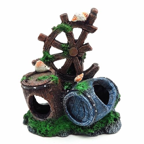 Mipukbay Fish Tank Decoration, Broken Ship Wheel & Cask Aquarium Decor Hiding Cave Ornament for Freshwater/Saltwater, Safe Landscaping Rock Resin Decoration for Betta Fish, Goldfish and Aquatic Pets - size: Broken Ship Wheel