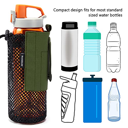 BASSDASH Tactical Molle Water Bottle Pouch with Carabiner Foldable Mesh Holder Bag for Travel Fishing Hunting Hiking Outdoor Activities - color: Army Green with Molle Straps
