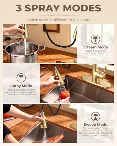 WEWE Vintage Kitchen Faucet with Pull Down Sprayer, Stainless Steel 1 or 3 Hole High Arc Single Handle Antique Sink Faucet for Classic Modern Ktichen, Gold Bar & Prep Sinks - color: Gold, style: Vintage