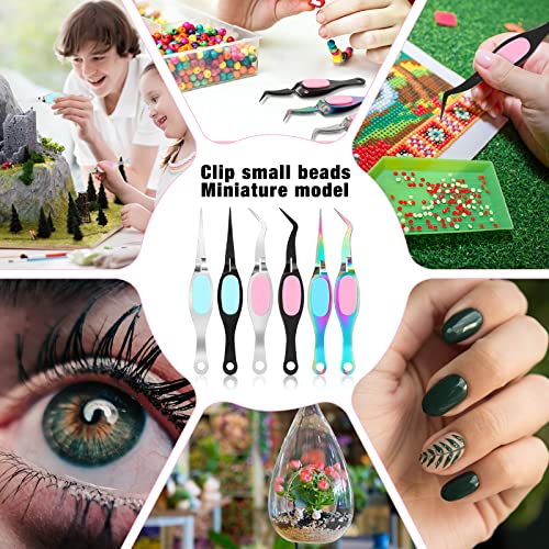 6 Pieces Craft Tweezers Crossing Lock Curved Tweezers Stainless Steel Soft Grip Precision Reverse Grip Fine Tip Tools for DIY Craft, Jewelry, Beading, Electronics, Laboratory Work