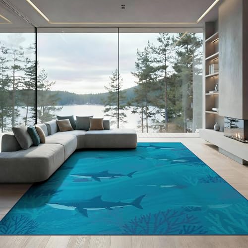 9'x12' Washable Contemporary Shark Oversized Rug, Blue Non-Shedding Pet Friendly Carpet for Master Suite, California King, Under Bed, Foldable Easy Care Mat | Ref:2068649 - color: Blue/Pattern 13, size: 9' x 12' (Rectangular)