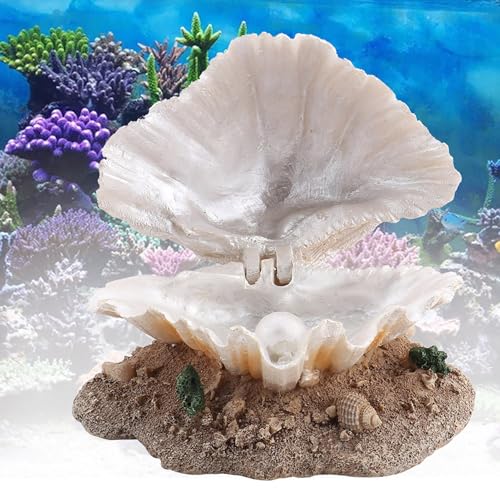 Aquarium Shell Decor with Air Stone Bubbler,Aquarium Decoration Corals Reef Aerating Action Ornament Mini Cute Undersea Clam Pearl Ornaments White