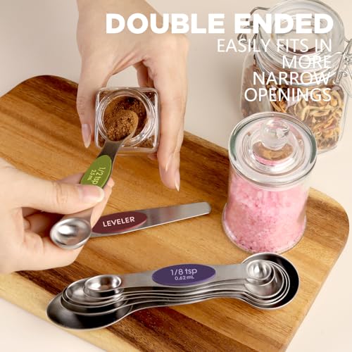 ChefAide Pack of 8 Stainless Steel Magnetic Measuring Spoons Set, Dual Sided, Stackable, Adjustable Teaspoon and Tablespoon Measure Spoon with Leveler, Kitchen Gadgets - color: Multicolor, size: Magnetic Measuring Spoons