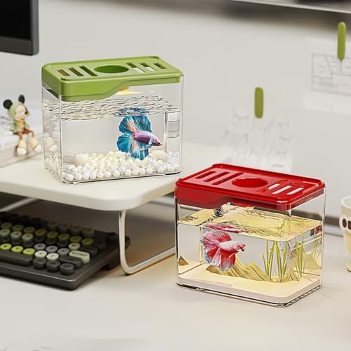 Mini Desktop Betta Aquarium, 1.7 Gallon Clear Fish Tank with Cover, Lightweight Portable Aquatic Tank, Small Breeding Habitat, Modern Decorative Ornament for Home Office Desk Use - color: White, size: Without a light