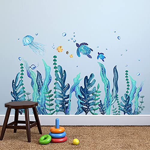 Tenare 5 Sheets Ocean Sea Turtle Wall Decals Stickers Under The Sea Stickers Seaweed Grass Jellyfish Fish Removable Vinyl Decal for Bedroom Bathroom Baby Nursery Room Wall Decor(Classic Style) - style: Classic
