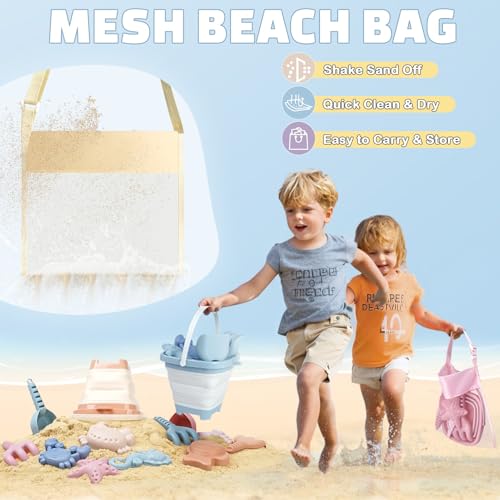 Dreamon Beach Toys Set for Kids 3-10, Collapsible Sand Buckets with Beach Molds and Mesh Bag, 3 Pack Shovels Set Sand Toys for Beach, Sandbox Travel Toys for Toddlers Kids - color: Pink/Orange/Blue