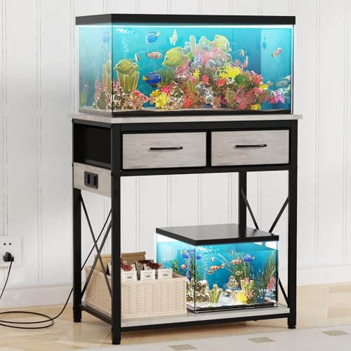 20-29-37 Gallon Fish Tank Stand with Power Outlet, Heavy Duty Metal Aquarium Stand with Two Storage Drawers for Fish Tank Accessories Storage, Perfect for Turtle Tank, Reptile Terrarium, Grey - color: Grey, size: 20-29-37 Gallon
