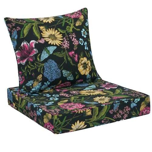 FUNHOME Outdoor Seat Cushion Set 24 x 24 x 4 Inch,Water Resistant Outdoor Chair Cushions for Patio Furniture,Thick Deep Seating Pads for Outside Chair Sofa Couch, Black Flower Butterfly - color: Black Flower Butterfly