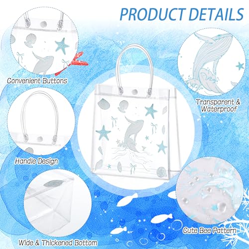 Hlimior 24 Pcs Beach Party Favor Ocean Seashell Gift Bags Starfish Clear PVC Gift Bags with Handles Reusable Candy Treat Tote Summer Shell Goodie Bags for Birthday Party Supplies
