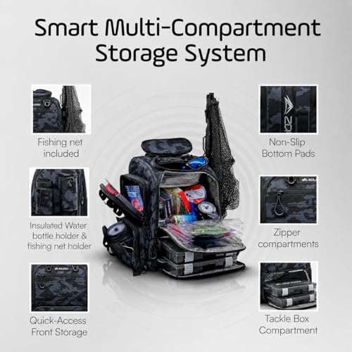 Waterproof Fishing Backpack with Tackle Boxes, Rod Holder & Foldable Net - 40L Fishing Tackle Bag with Trays Included, Extra Storage Gear and Equipment, Rain Cover, Fisherman Gift for Men - color: Black Camo