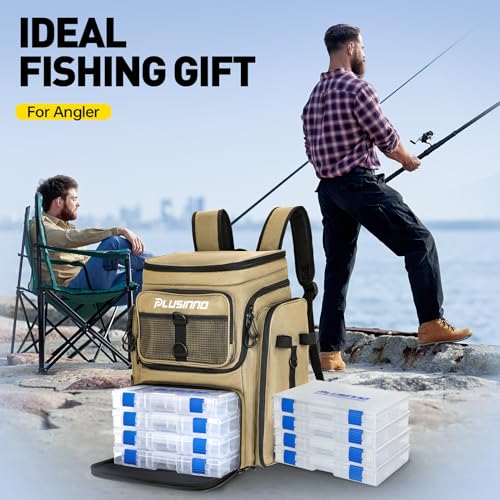 PLUSINNO Fishing Backpack with Rod Holders, 42L Large Water-Resistant Tackle Bag for Fishing, Camping, Hiking, Gifts, Khaki (4 Tackle Boxes Included), 36,6 x 25,4 x 45,7 cm, Sporty, functional - color: Khaki (4 Tackle Boxes Included)