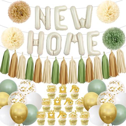 New Home Housewarming Party Decorations - Sage Green Gold Boho Welcome Home Decor Kit with Balloons Cupcake Toppers, Tassels House Warming Gifts for New Home Celebration - color: Sage Green Gold