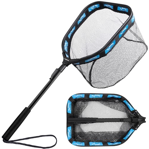 PLUSINNO Floating Fishing Net for Steelhead, Salmon, Fly, Kayak, Catfish, Bass, Trout Fishing, Rubber Coated Foldable Landing Net with Fixed or Telescoping Pole Handle, Fishing Gear and Gifts for Men - color: 11.8"/30cm Hoop Size 0.8M Blue (Fixed Pole)