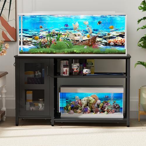 BEURUKU 55-75 Gallon Fish Tank Stand , Aquarium Stand with Cabinet & Power Outlets for Fish Tank Accessories Storage, Heavy Duty Metal Terrarium Stand, 52" L*19" W Tabletop, 1200LBS Capacity, Black - color: Black, size: 55-75 Gallon