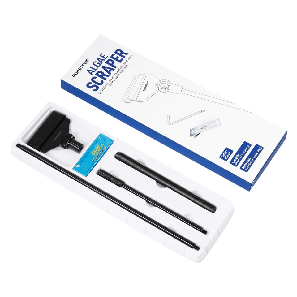 POPETPOP 26-Inch Aquarium Scraper – Rust-Proof Alloy Blade Cleaner Kit with 10 Replacements, Adjustable Long Handle Keeps Hands Dry for Glass Reef & Freshwater Tanks