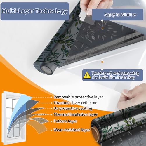 One Way Privacy Film, Window Tint for Home,Daytime Reflective, Anti UV Static Cling Sliding Door Coverings No Glue Garage Solar Paper (Black - Silver-Leaves, 17.5 x 78.7 in) - color: Black Silver-leaves, size: 17.5 in X 78.7 in