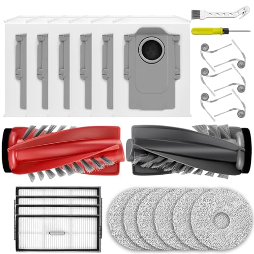 25 Pcs Saros 10R Accessories Kit Compatible with Roborock Saros 10R / Saros 20 / Qrevo CurvX Robot Vacuum,6 Activated Carbon Dust Bags,1 Set Main Brush, 4 HEPA Filters, 6 Mop Pads, 6 Side Brushes - size: for Saros 10R