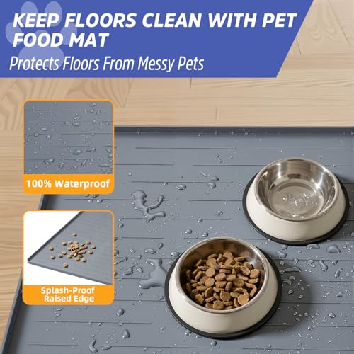 Large Dog Mats for Food and Water, 40"x30" Waterproof Pet Food Mats for Floor Nonslip Silicone Bowl Mats with Raised Edges - color: Gray, size: 40"L x 30"W