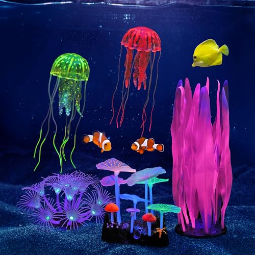 Lpraer 5 Pack Glow Aquarium Decorations Kelp Coral Mushroom Sun Flower Jellyfish Simulation Glow Plant Glowing Effect Silicone for Fish Tank Decorations - color: 5 Pcs(kelp+mushrooms+sun Flower+2x Jellyfish)