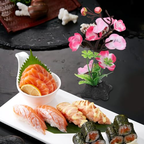 Luxshiny Artificial Cherry Blossom Trees with Base Artificial Fish Tank Plants with Rock Sushi Plate Japanese Restaurant Decor