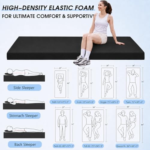 CYMULA 3 Inch Memory Foam Camping Pad, Camping Essentials Roll Up Floor Mat for Car Camping, Cot, Tent, Truck, Travel and Guest Use, Non-Slip Waterproof Bottom, Removable Cover - color: BLACK, size: Small Cot:63*25*3