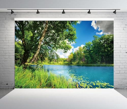 Polyester 6x4ft Park Scenery Backdrop River Blue Water and Tree Forest Garden Blue Sky Outdoor Picnic Spring Background Camping Hiking Photo Background Countryside Field Backdrop - size: 6x4ft