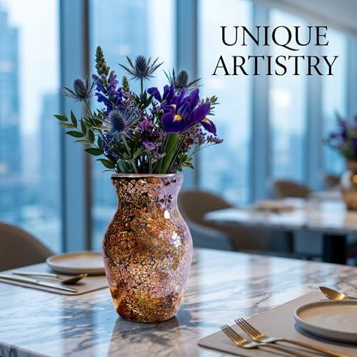 8" Amber Mosaic Vase with Gold Accents, Hand-Pasted Byzantine Glass Flower Vase, Vintage Decorative Centerpiece for Living Room, Foyer & Office - color: Amber Gold