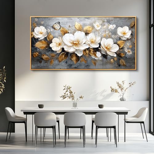 FUHAIHUA Wood Framed Canvas Wall Art For Living Room Large Wall Decor For Office Bedroom Decoration White Flower Pictures Farmhouse Painting Artwork Room Wall Mural Aesthetic Home Decor 30x60 - color: White Flower Wood Framed, size: 60"L x 30"W