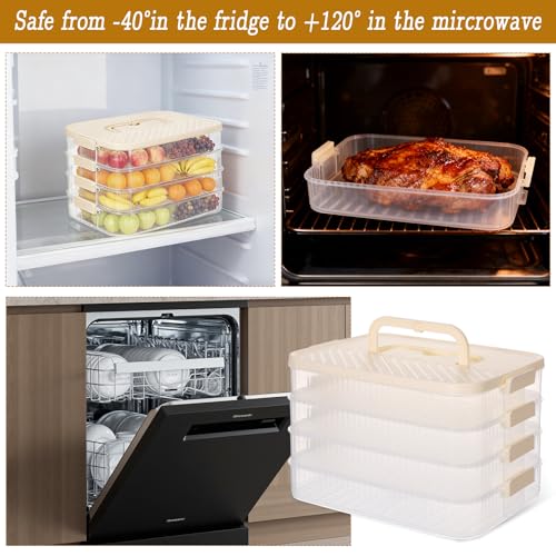 4-Layer Stackable Cookie Airtight Storage Containers with Lids, Portable Plastic Cookie Storage Case Snack Containers for Desserts, Cupcakes, Snacks, Dumplings, Fruit- Beige Lid