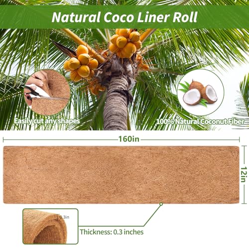 Legigo 12X160 Inch Natural Coco Liner Roll, Coconut Liners for Planter Window Box Hanging Basket, Coconut Coir Roll Coco Fiber Mat for Garden Decoration DIY Moss Poles Pet Pad Reptiles Carpet - size: 12x160 inch