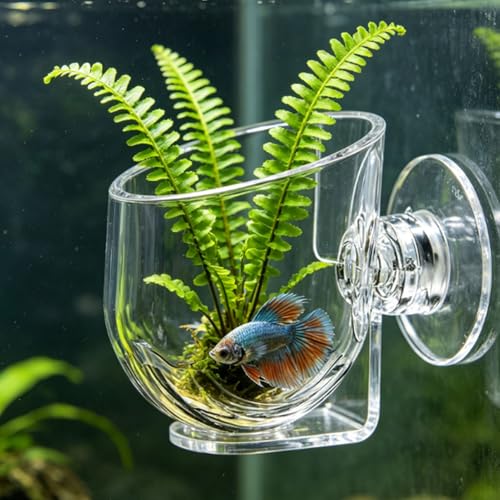 Fdit Acrylic Plant Cup, 4 Pack Transparent Fish Tank Moss Holder with Suction Cups for Java Shrimp Hiding Breeding (Large Size)