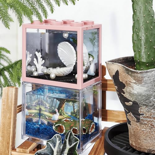 Small Betta Fish Tank, Mini Sea Monkey Tank Aquarium Kit with Gravel & Background Resin Decor, 0.6 Gallon Stackable Tabletop Fish Bowl Accessories for Shrimp Seaweed Ball (Pink) - color: Pink