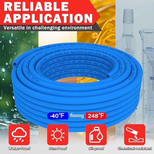 CheeMuii 76 PCS Brass DOT Air Line Fittings with 100FT 1/4" and 50FT 3/8" Blue DOT Air Lines Kit Push Lock Air Line Quick Connect Fittings with Pneumatic Tubing Set - size: 2ROLL-80PCS-BLUE