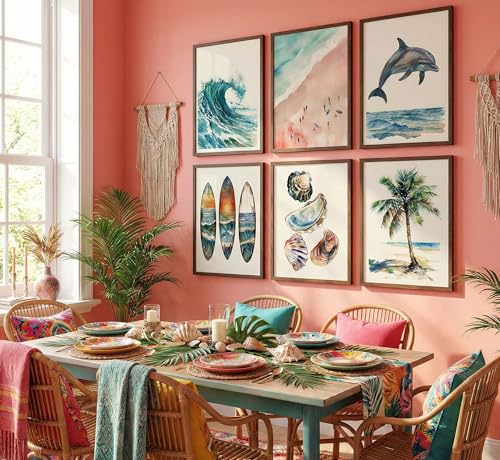 6pcs Vintage Coastal Canvas Wall Art Beach Surfboard Shell Posters Prints Paintings Summer Ocean Animal Wall Decor Pictures for Living Room Bedroom Bathroom Home Decorate Unframed - color: Coastal-1, size: 10"L x 8"W-Posters