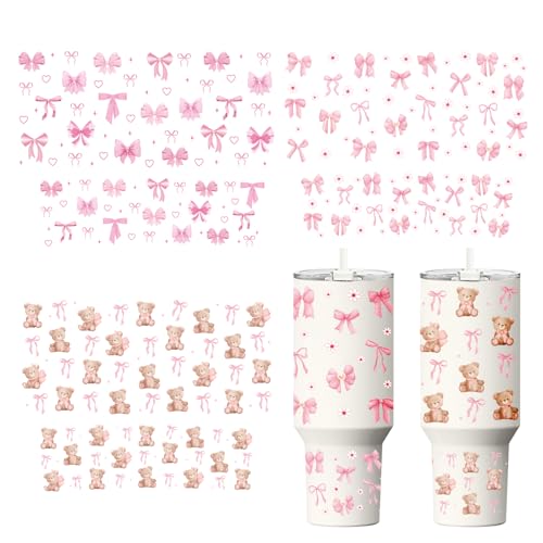 Pink Bows UV DTF Stickers - 3 Sheets Coquettte Bow Uvdtf Cup Wraps for 40 oz Glass Water Bottle, Cute Bear Flowers Waterproof Transfer Sticker DIY Coffee Mug Journal Guitar Craft Decals Decoration - style: Bows