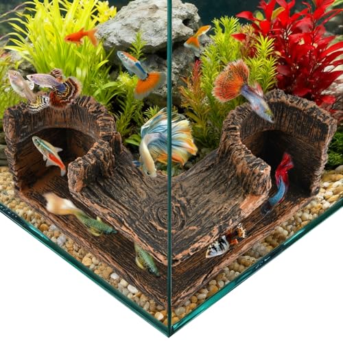 Aquarium Cave Underground Resin Stump Dual Hole Hideout Fish Tank Cave View Fish & Shrimp in Natural Corner Tunnel (Size:5.1×5.1×2.8")