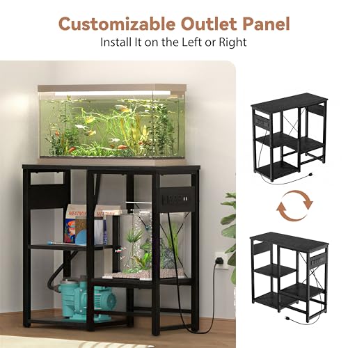 GRLEAF 5-10 Gallon Fish Tank Stand with Power Outlets, 4 Tier Metal Aquarium Stand with Wood Storage Shelves, 20.3" L x 10.6" W x 30.3" H Turtle Reptile Fish Tank Table Aquarium Table - Black - size: 5-10 Gallon