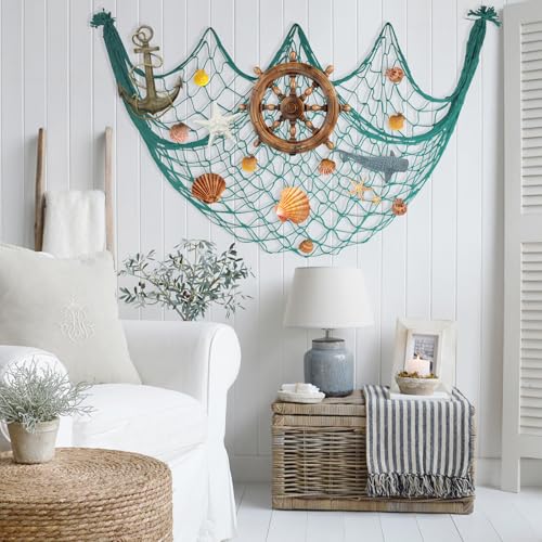 80x40 Inch Decorative Fishing Net w/Shells & Clips, 3mm Thickness Aqua Natural Cotton Large Photo Hanging Fishnet, Wall Party Decorations for Nautical Pirate Hawaii Underwater Mermaid Themed Party - color: Aqua, size: Large - 1 Pack with shells