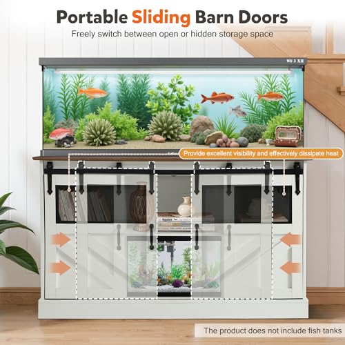 MAGIC UNION 55-75 Gallon Large Fish Tank Stand with Power Outlet, Heavy Duty Aquarium Stand with Sliding Barn Doors, Turtle Reptile Terrarium Stand with Cabinet for Accessories Storage, 1300LBS(White) - color: White