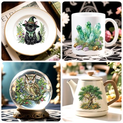 Peacoblue 18 Sheets Rub on Transfers for Crafts, Green Magic Forest 3.6"x3.9" UV DTF Cup Wraps Waterproof Cold Transfers Stickers for Wood Glass Metal Cup Tumblers Mirrors Mugs Home Decor - style: Green Magic Forest