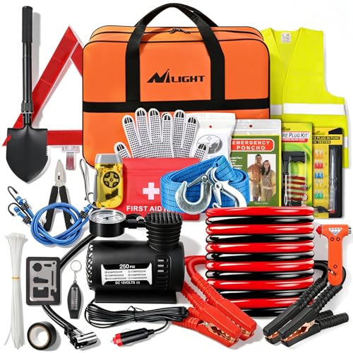 Nilight Car Emergency Kit with Jumper Cable, First Aid Kit Safety Assistance Tools for Travel Camping Outdoor Cars Truck SUV RV, Roadside Essentials with Flash Light - color: Essential Kit+Air Compressor+Tire Fuse kit