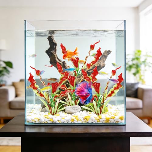 4 Pack Plastic Aquarium Plant Set, 7.1 Inch Deep Red Artificial Fish Tank Plants with Base for Aquarium Decor Accessories Fish Tank Decorations - color: Dark Red