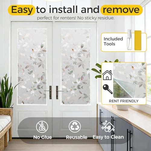 OHTMERU Window Privacy Film Decorative for Front Door, Bathroom Static Cling Stained Glass Sticker Opaque Heat Control UV Blocking Non-Adhesive for Home Windows, Magnolia - color: Magnolia, size: 17.5 x 78.7 inches