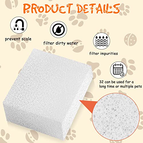 32 Pcs Pet Replacement Sponge Filters Pet Fountain Filter Foam for 67oz/ 2L Dog Cat Water Fountain Filters Pet Fountain Replacement Foam Sponge Pre-Filters for Multiple Pet Fountain