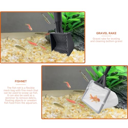 6 in 1 Aquarium Cleaning Tool Kit, Telescopic Handle Design, for 20-160 Gallon Freshwater and Saltwater Aquariums, Includes Algae Scraper, Sponge Pad, Pipe Brush, Gravel Rake, Fish Net