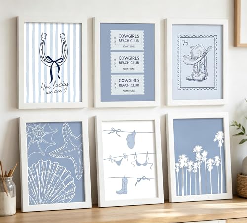 Cowgirl Beach Club Wall Art Set of 6, Western Coastal Blue and White Canvas Prints Nautical Pictures Wall Decor Summer Beach Poster Prints for Coastal Home Vacation House 12x16 inch unframed - color: Cowgirl Beach Club, size: 12x16in