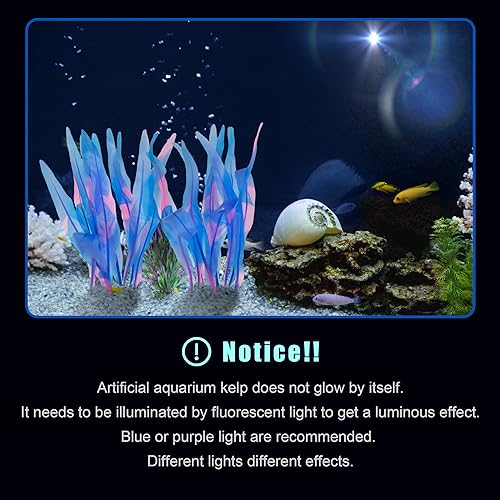 Kaiyuan Dynasty 2pc Silicone Aquarium Plants Artificial Plants for Fish Tank Glowing Kelp Aquarium Plant Decor Fish Tank Plants Simulation Artificial Water Grass,7inch,Blue - color: Blue