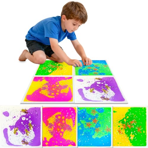 Liquid Sensory Floor Tiles for Kids Ages 3+ - Colorful Liquid Play Mat with Glitter & Sea Creatures, 11.8"x11.8" Interactive Fidget Pad, Birthday Gift for Toddlers Boys Girls(4-Pack) - style: Ocean Tiles (4-Pack)