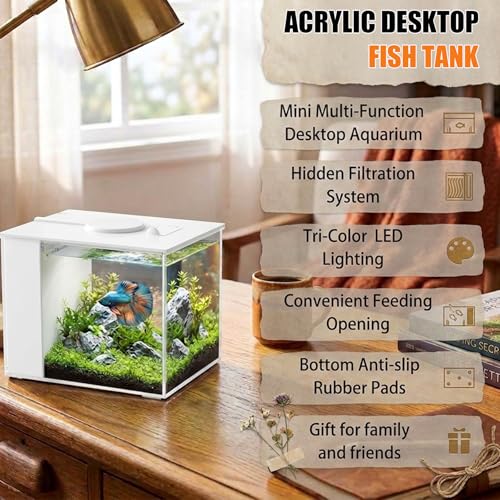 3.7L (1 Gal) Betta Fish Aquarium, Acrylic Small Fish Tank Kit with Water Filter Pump & LED Light, Ideal for Small Fish, Plants and Shrimp, White